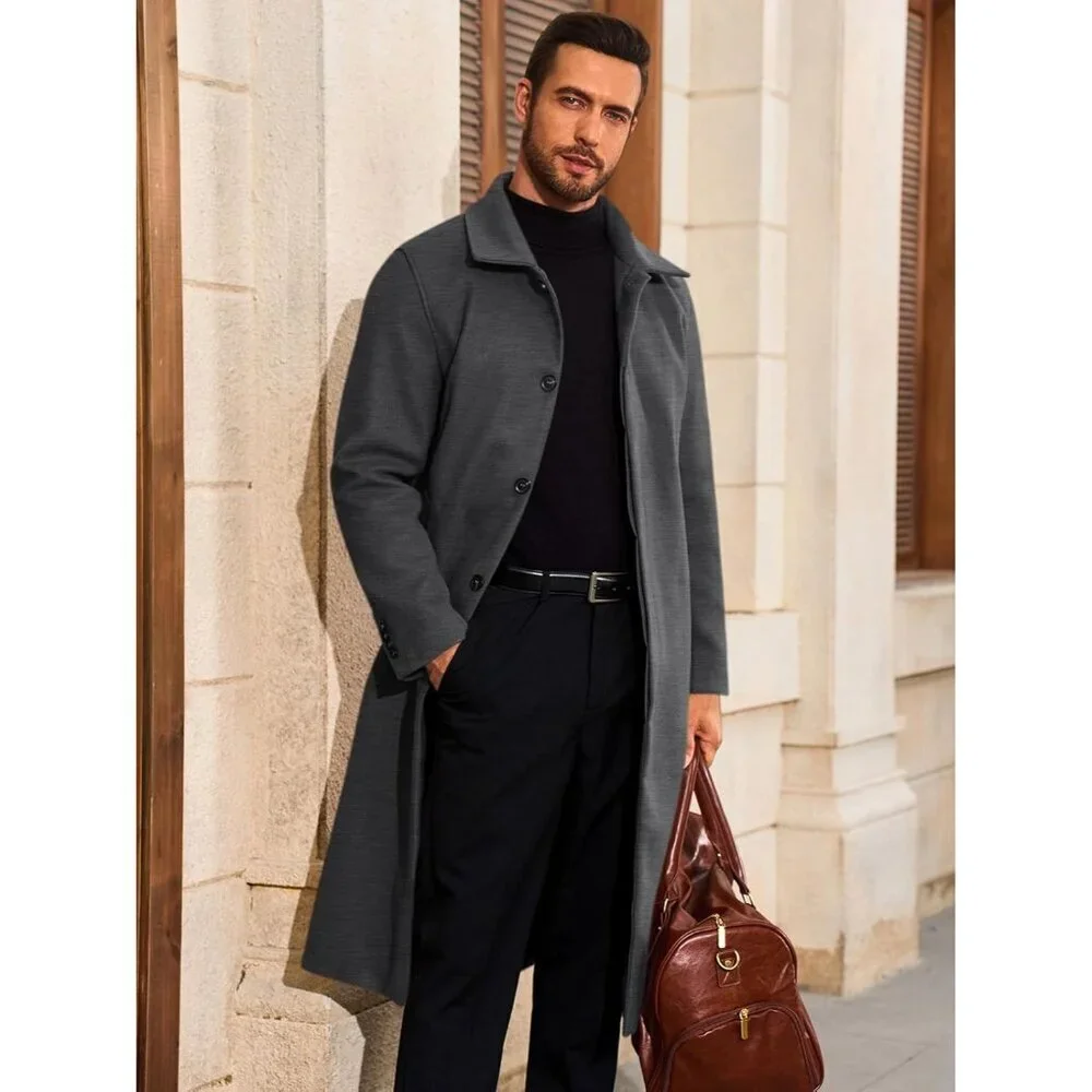 Men's Dark Grey Long Trench Coat Single Breasted Casual Winter Warm Pea Coat